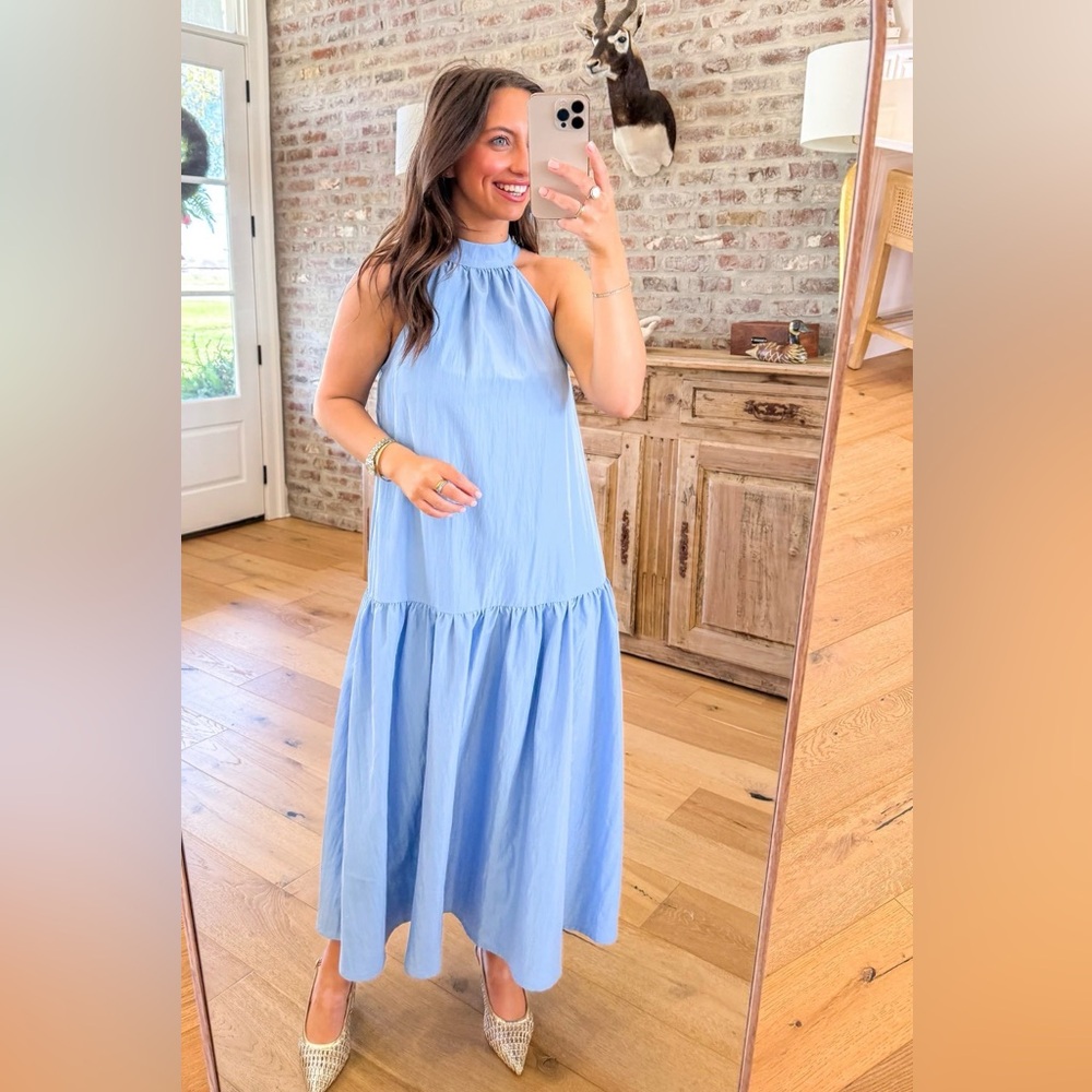 Sleeveless Light Blue Halter Midi Dress - Brand: